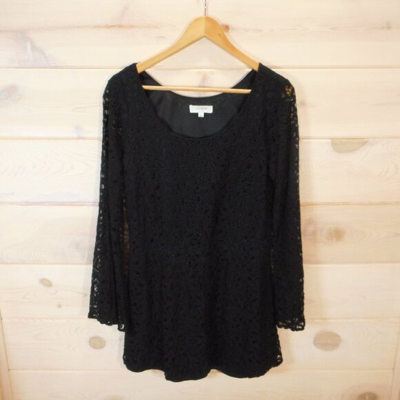 Umgee Dresses & Skirts - Umgee Women's L Lace Overlay Tunic Dress Black Long Bell Sleeves Short Party